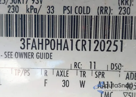 2012 Ford Fusion Se z USA, uszkodzony, nr VIN 3FAHP0HA1CR120251